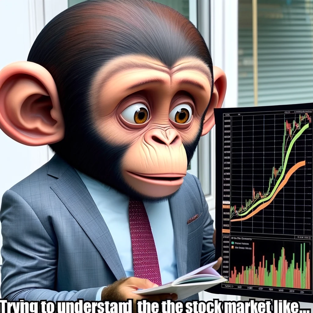 A chucklesome big head meme of a monkey with a colossal head, wearing a suit and looking at a stock market chart, with a bewildered expression. The caption reads, "Trying to understand the stock market like..."