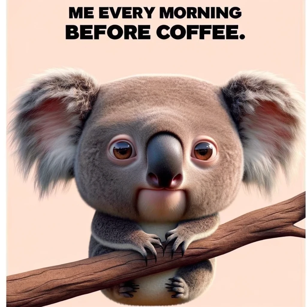 A quirky big head meme featuring a koala with an enormous head, clinging to a branch, looking sleepily at the viewer. The caption reads, "Me every morning before coffee."