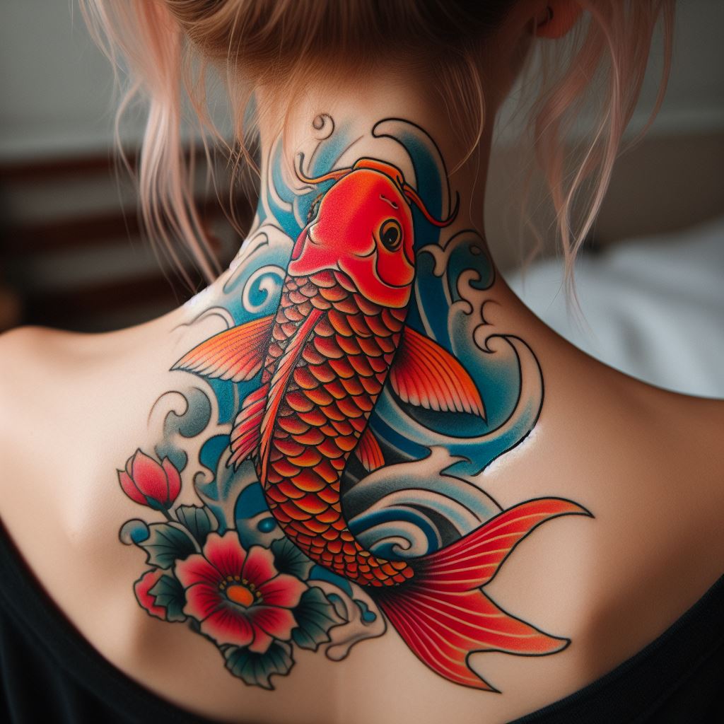 A traditional Japanese tattoo on the back of the neck, showcasing a vibrant koi fish swimming upwards.