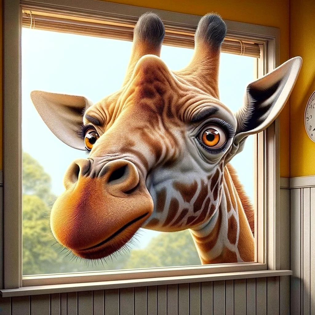 A delightful big head meme of a giraffe with a massive head, peering into a window, with a curious expression. The caption reads, "When you hear someone mention food."