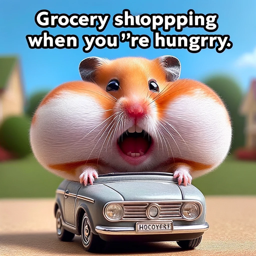 A comical big head meme with a hamster having a huge head, stuffing cheeks full of food, sitting in a tiny car. The caption reads, "Grocery shopping when you're hungry."
