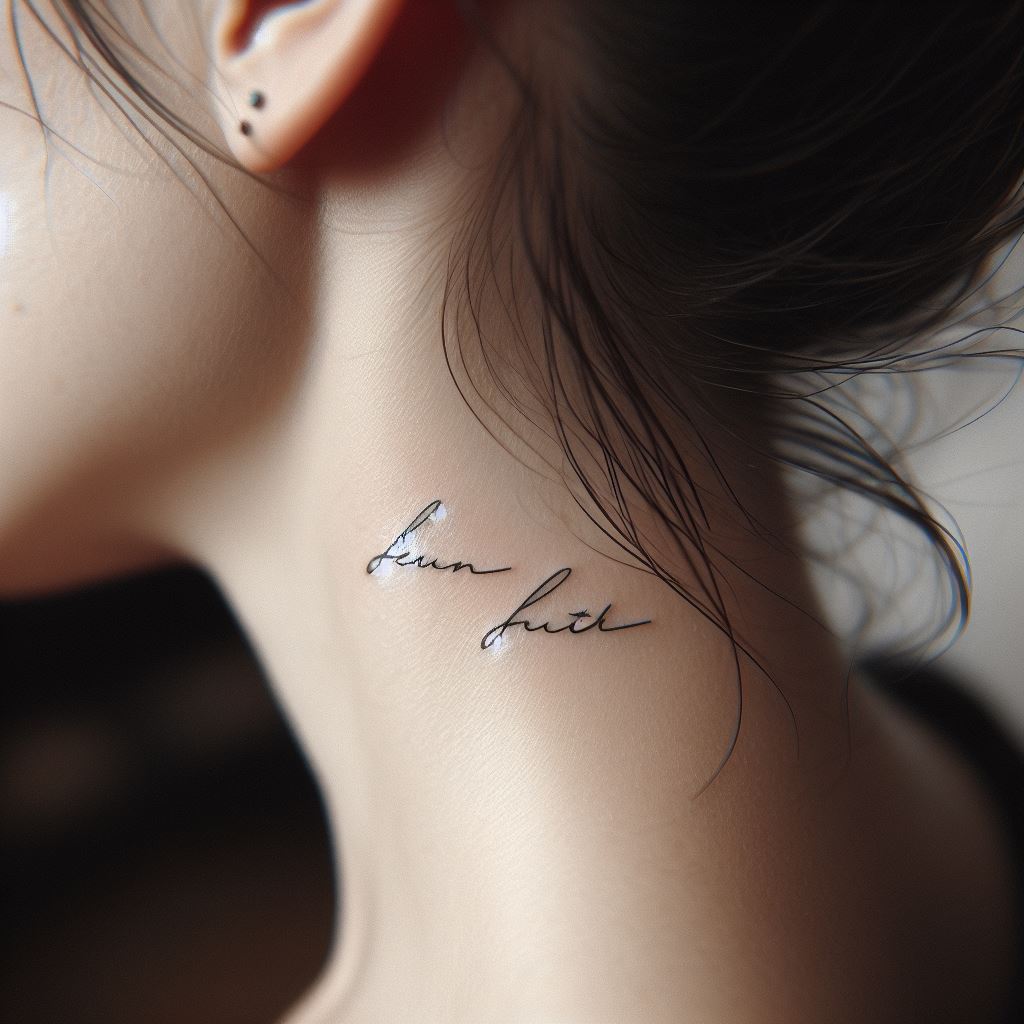 A small, simple quote tattoo in elegant script, located on the side of the neck, visible just below the ear.