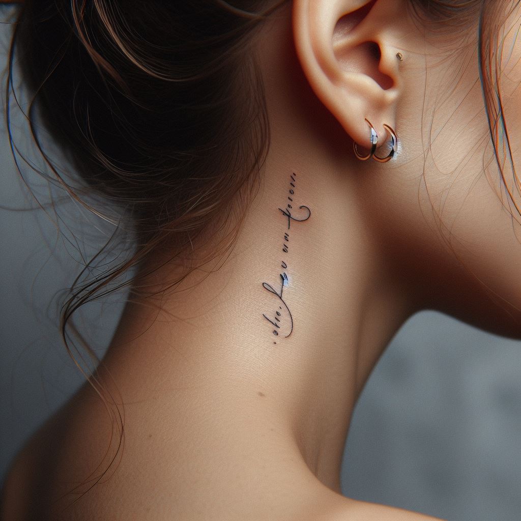 A small, simple quote tattoo in elegant script, located on the side of the neck, visible just below the ear.