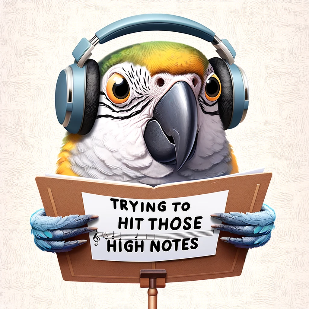 A playful big head meme featuring a parrot with a gigantic head, wearing headphones, looking at a music score. The caption reads, "Trying to hit those high notes."
