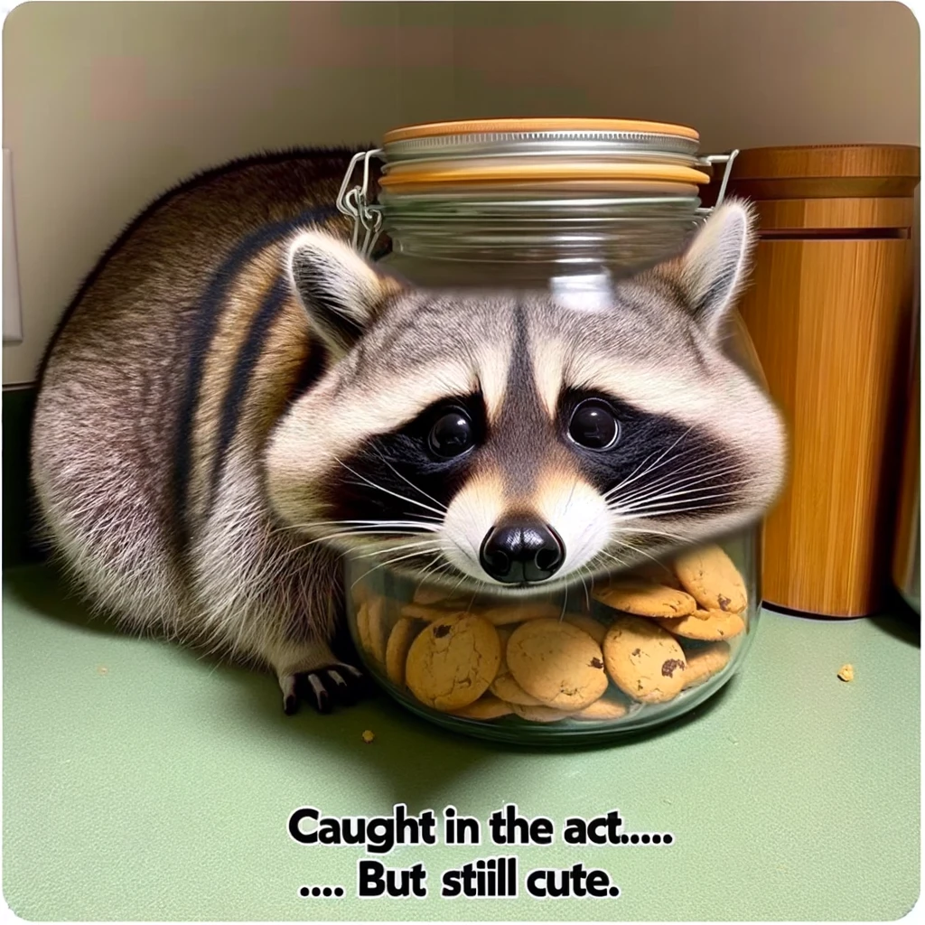 A cheeky big head meme of a raccoon with a huge head, sneaking into a cookie jar. The caption reads, "Caught in the act... but still cute."