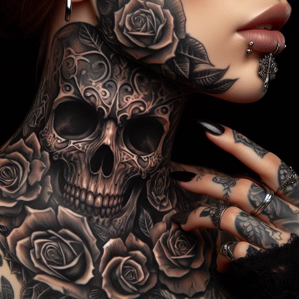 A gothic-inspired tattoo featuring a detailed skull and roses, covering the front of the neck.
