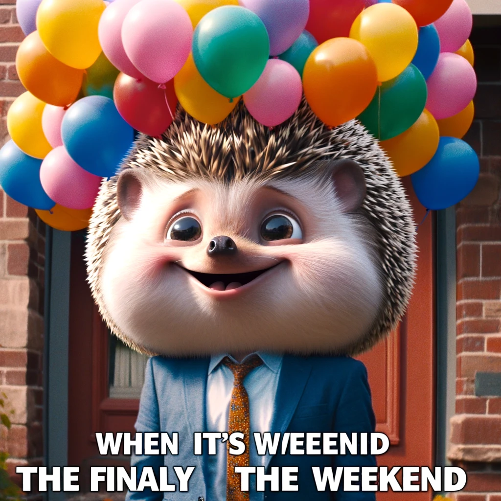 A charming big head meme featuring a hedgehog with a colossal head, surrounded by colorful balloons, looking overjoyed. The caption reads, "When it's finally the weekend."