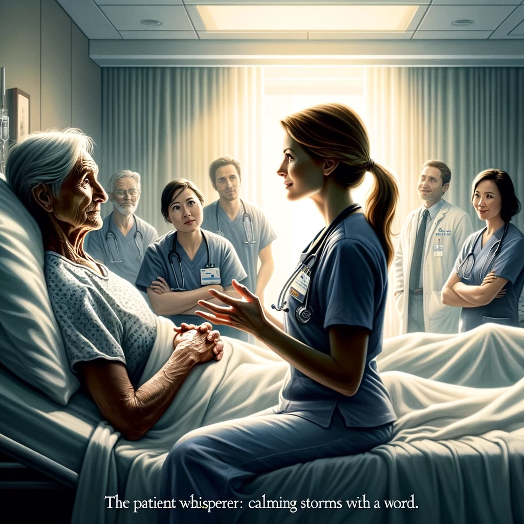 A serene scene in a hospital where a nurse is speaking calmly to a previously agitated patient. The nurse's demeanor is composed and soothing, while the patient's posture shifts from tense to relaxed under the nurse's guidance. In the background, other healthcare professionals and staff watch in admiration, their expressions a mix of awe and gratitude. The caption, "The patient whisperer: Calming storms with a word," is displayed at the bottom, highlighting the nurse's exceptional ability to de-escalate situations with compassion and professionalism.