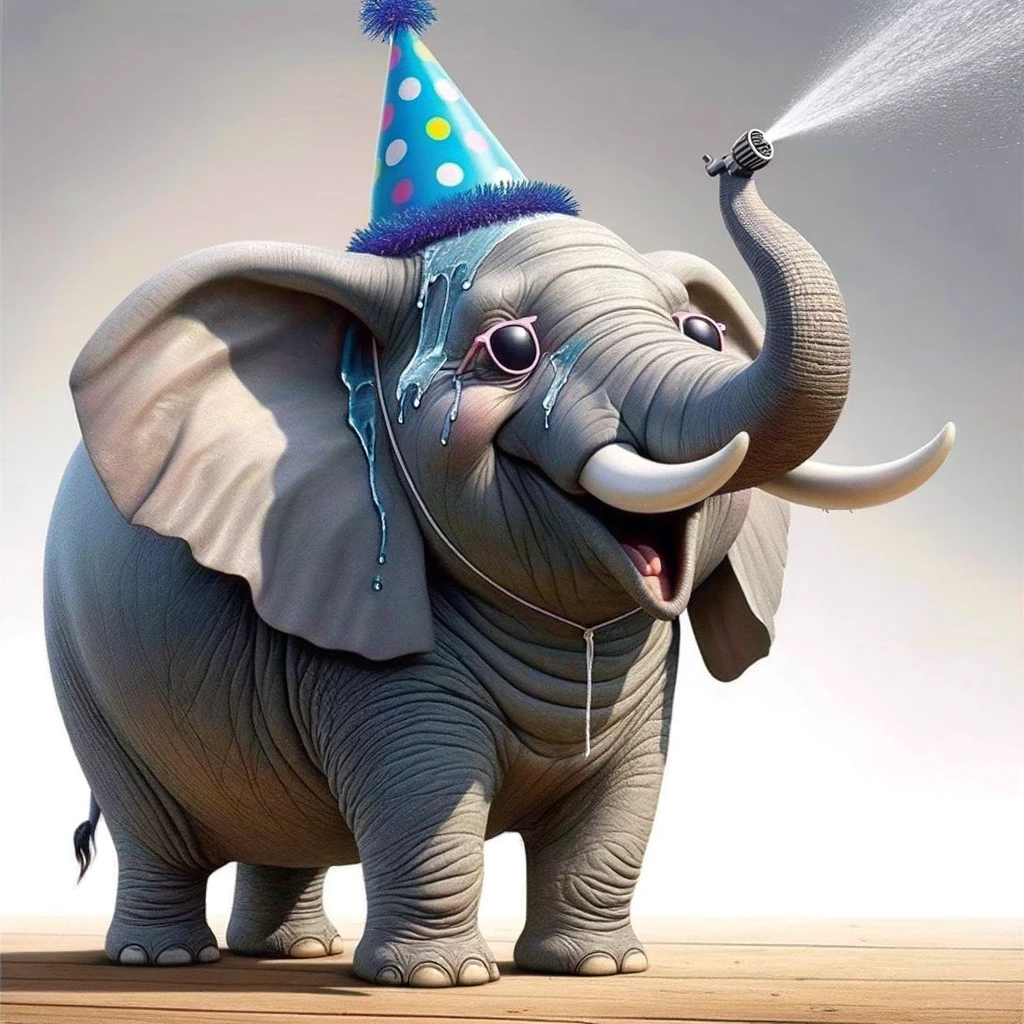 A witty big head meme of an elephant with a massive head, wearing a tiny party hat, spraying water from its trunk. The caption reads, "Trying to stay cool during the heatwave."