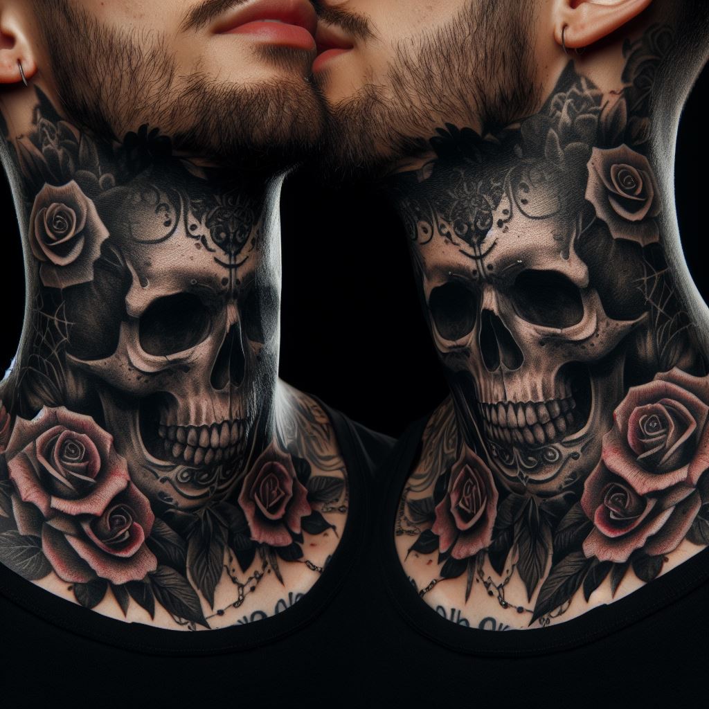 A gothic-inspired tattoo featuring a detailed skull and roses, covering the front of the neck.