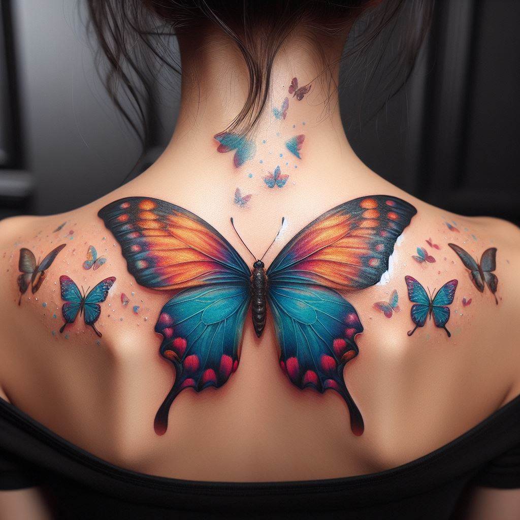 A colorful butterfly tattoo with realistic detailing, positioned at the center of the back of the neck.