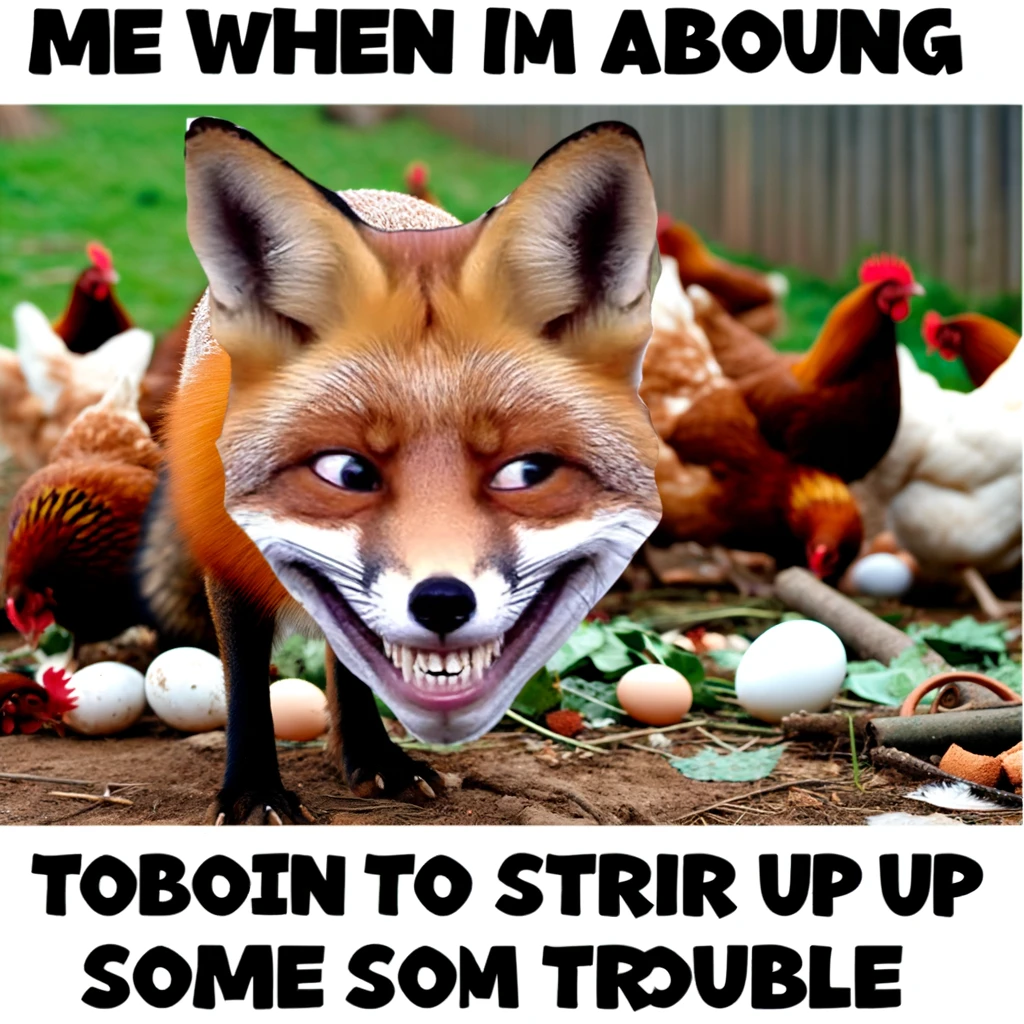 A mischievous big head meme of a fox with a huge head, sneaking around with a grin, surrounded by henhouse chaos. The caption reads, "Me when I'm about to stir up some trouble."
