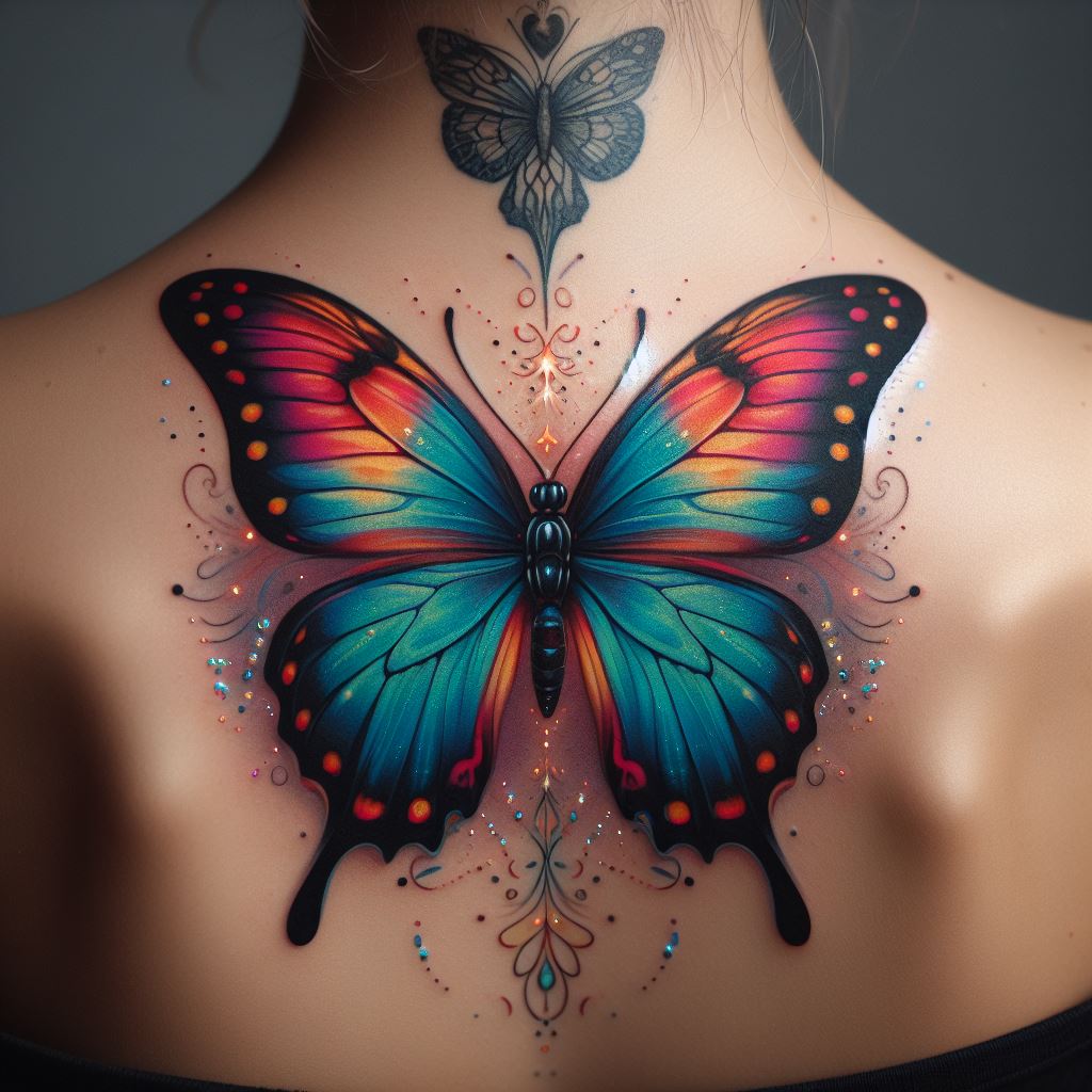 A colorful butterfly tattoo with realistic detailing, positioned at the center of the back of the neck.