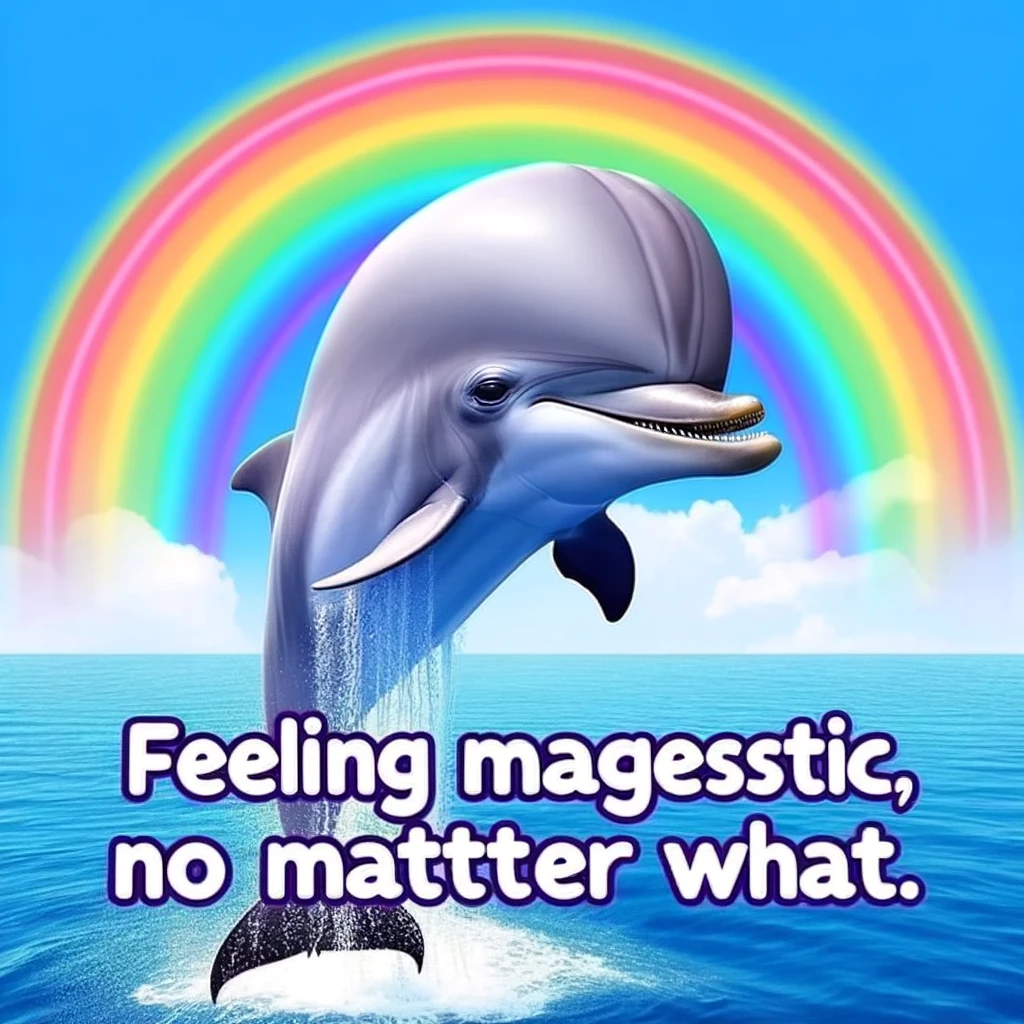 A charming big head meme of a dolphin with a gigantic head, leaping out of the water, surrounded by rainbows. The caption reads, "Feeling majestic, no matter what."