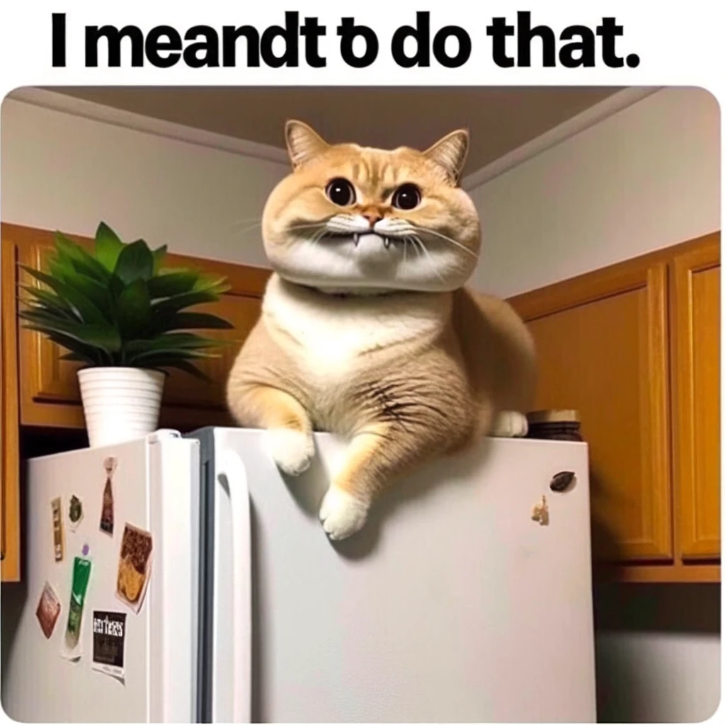 A sly big head meme of a cat with an enormous head, sitting atop a refrigerator, knocking over a plant. The caption reads, "I meant to do that."