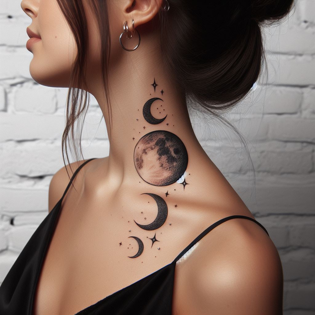 A celestial tattoo with a moon phase design, stretching from one side of the neck to the other, just below the hairline.