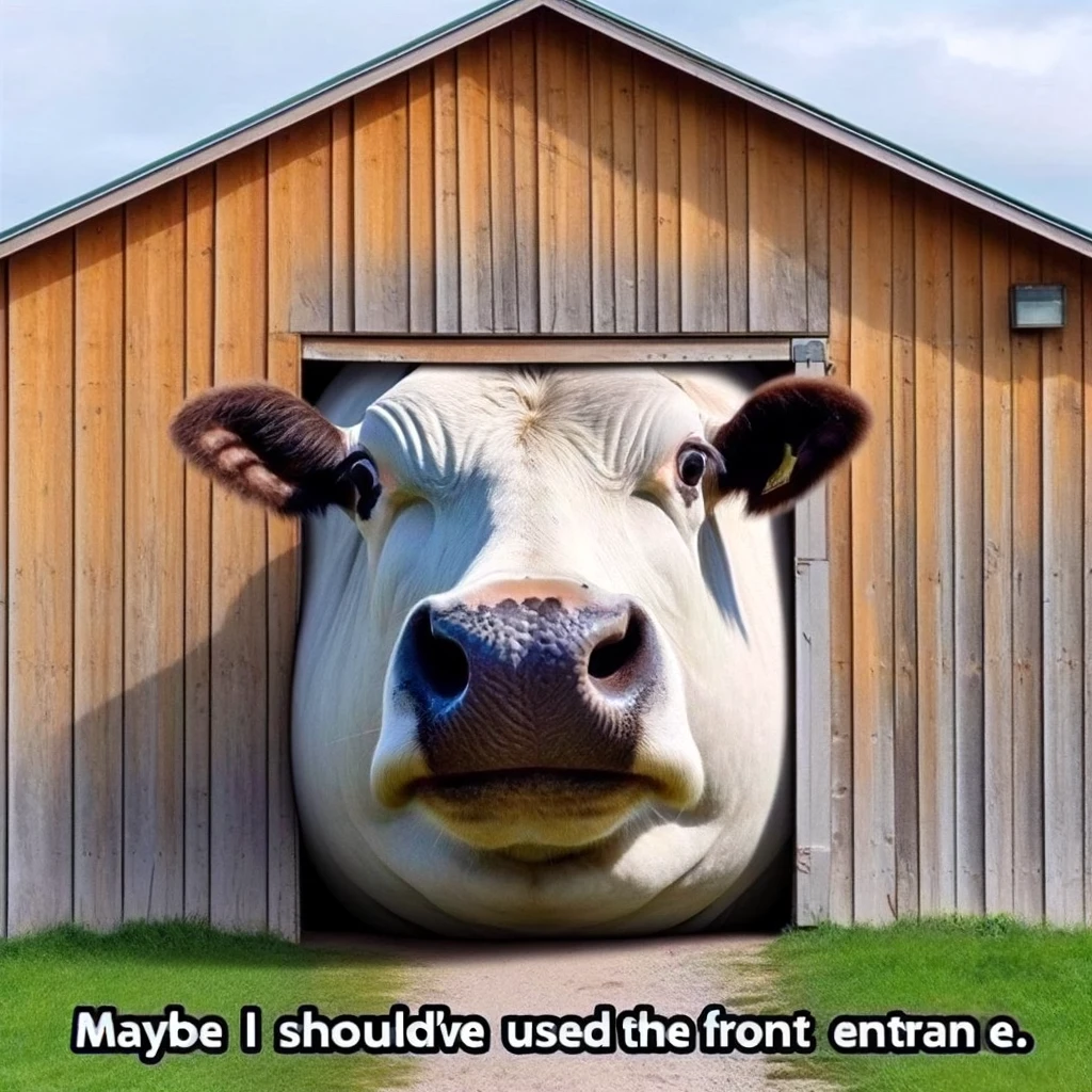 A humorous big head meme of a cow with a massive head, stuck in a small barn door, looking bewildered. The caption reads, "Maybe I should've used the front entrance."