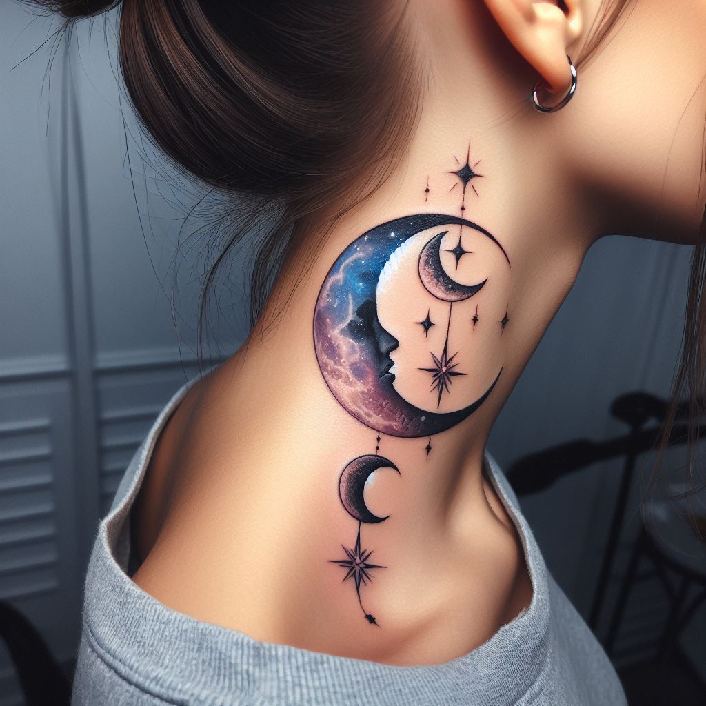 A celestial tattoo with a moon phase design, stretching from one side of the neck to the other, just below the hairline.