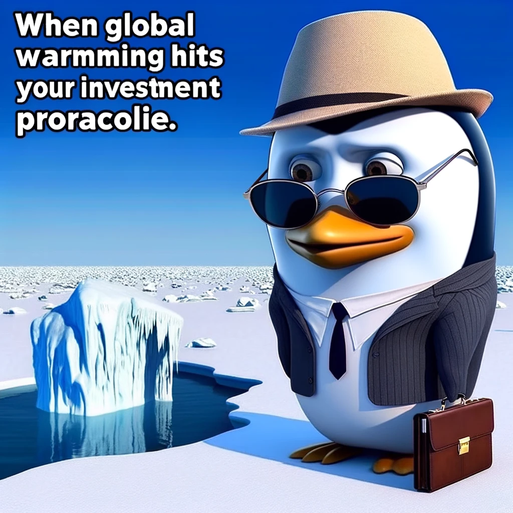 A witty big head meme of a penguin with a gigantic head, dressed as a businessman, looking at a melting ice cap. The caption reads, "When global warming hits your investment portfolio."