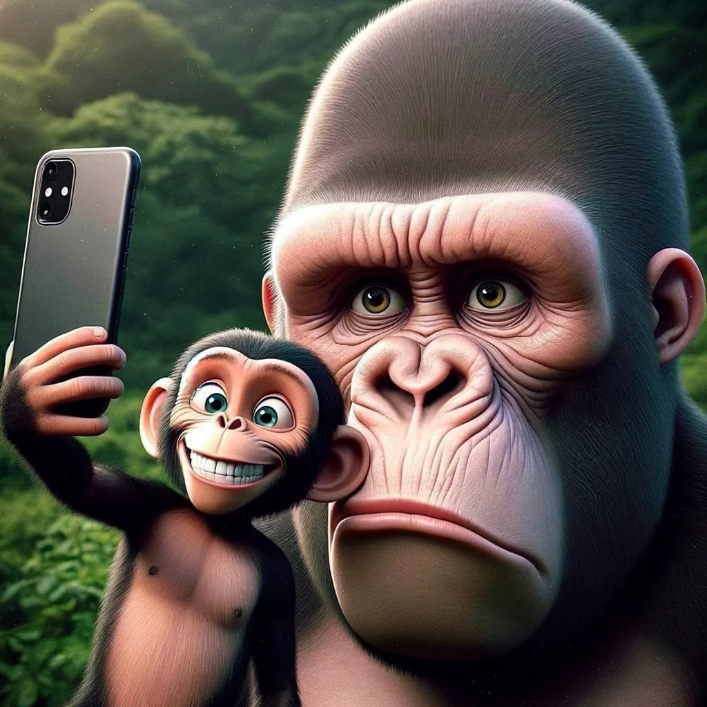A cheeky big head meme of a monkey with a colossal head, taking a selfie with a confused gorilla. The caption reads, "When you try to make your serious friend smile."