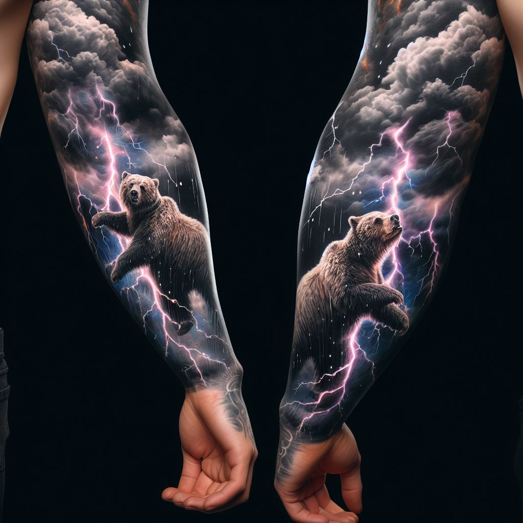 A sleeve that extends from the wrist to the elbow, depicting a bear amid a thunderstorm, with lightning illuminating its figure. The tattoo captures the raw power of nature and the bear's unyielding spirit, using contrast between the dark storm clouds and the bright flashes of lightning to highlight the bear's resilience.