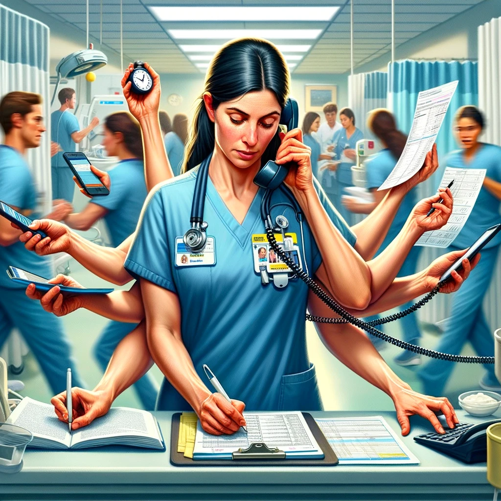 A nurse skillfully handling multiple tasks simultaneously in a bustling hospital environment. One hand is answering a busy phone, another is swiftly making notes on a patient's chart, and somehow, they're also attending to a patient, offering support and care. The nurse's expression is one of focused determination, embodying the essence of multitasking with expertise. Around them, the chaos of the hospital continues, but they remain a pillar of efficiency and care. The caption, "Nurse multitasking: Doing everything at once, because we have to," underscores the relentless pace and the nurse's adeptness at managing multiple responsibilities with grace.