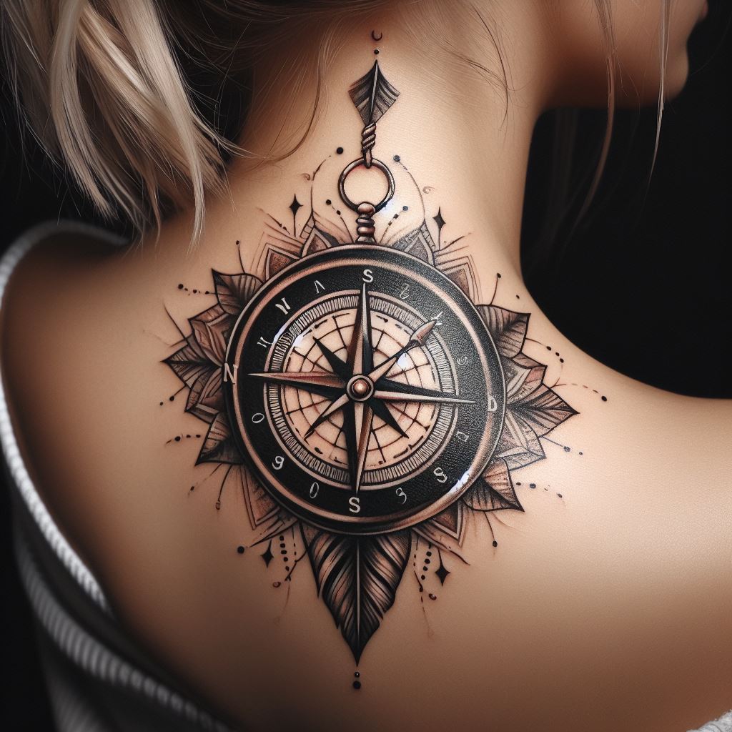An artistic tattoo of a compass with a vintage design, placed on the side of the neck, symbolizing guidance and direction.
