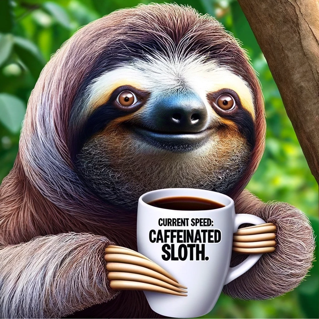 A humorous big head meme of a sloth with a gigantic head, hanging from a tree, moving slowly with a cup of coffee. The caption reads, "Current speed: caffeinated sloth."
