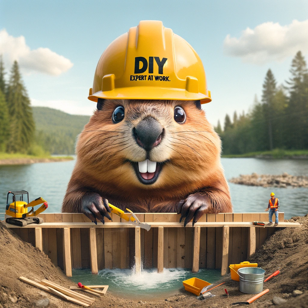 A delightful big head meme of a beaver with a huge head, wearing a hard hat, building a dam. The caption reads, "DIY expert at work."