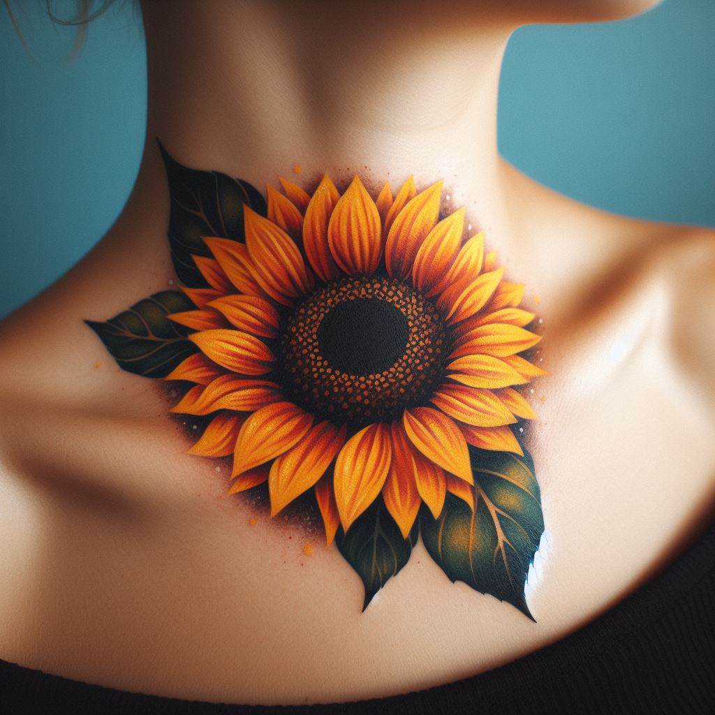 A vibrant sunflower tattoo with rich yellow petals and a dark center, located on the left side of the neck, symbolizing positivity and warmth.
