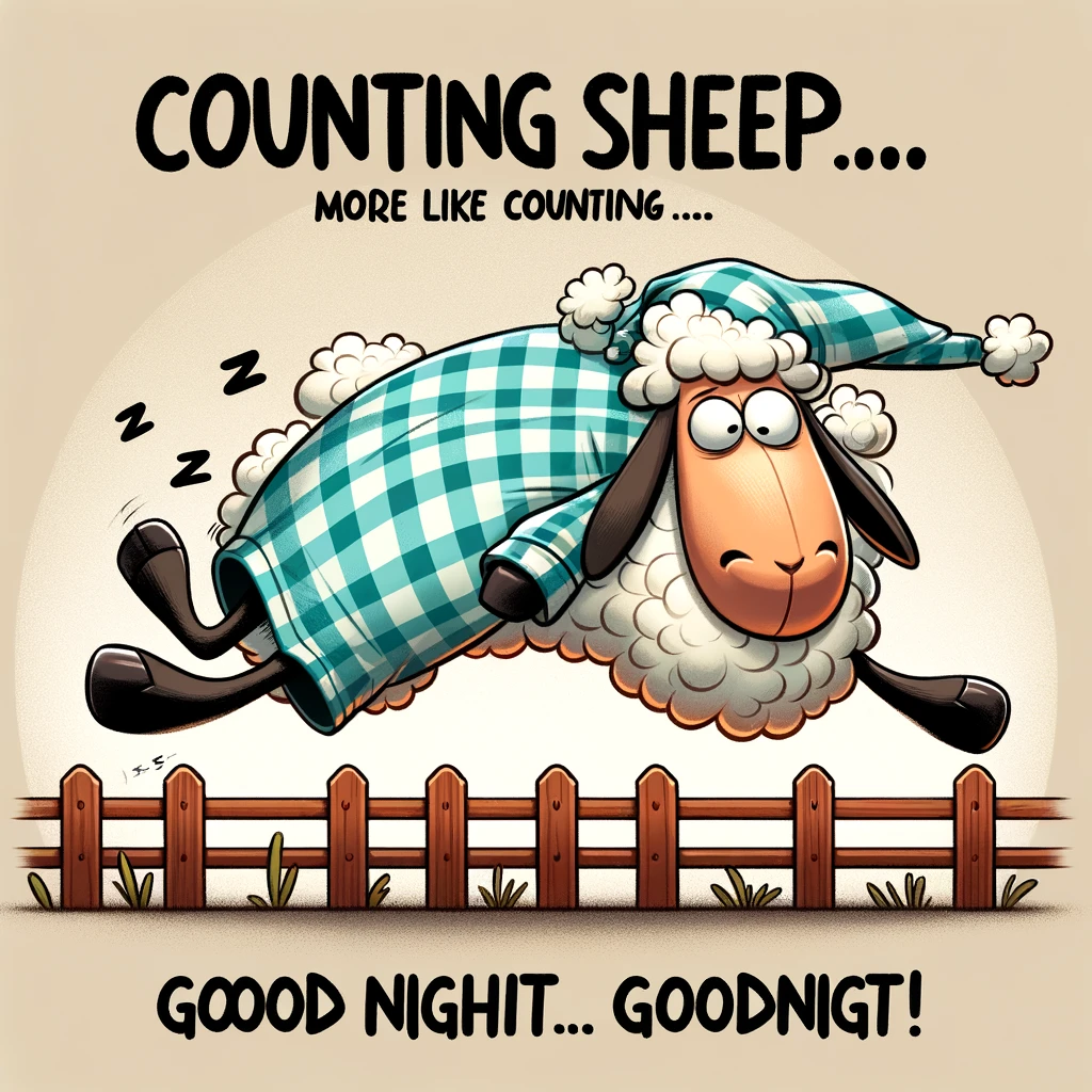 A cartoon sheep wearing pajamas and a nightcap, looking sleepy while trying to jump over a fence but comically failing. The caption reads: "Counting sheep... more like counting fails. Goodnight!"