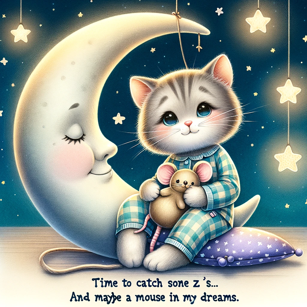 A cute cat in pajamas holding a tiny plush mouse, sitting on a moon-shaped pillow. The moon is hung against a starry night background. The caption reads: "Time to catch some Z's... and maybe a mouse in my dreams. Goodnight!"