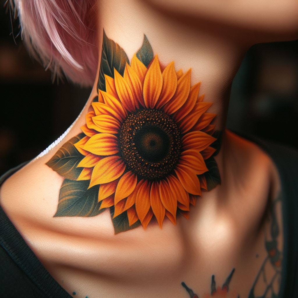 A vibrant sunflower tattoo with rich yellow petals and a dark center, located on the left side of the neck, symbolizing positivity and warmth.