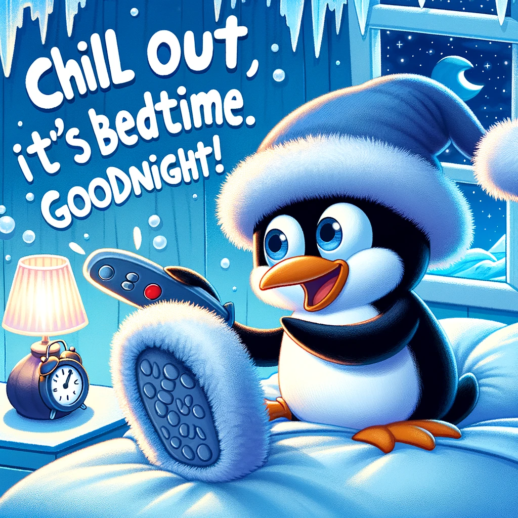 A cartoon penguin in fluffy slippers, turning off the light with a flipper, with a background of an icy bedroom. The caption reads: "Chill out, it's bedtime. Goodnight!"