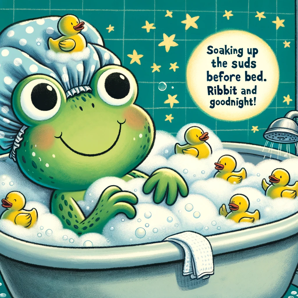 A cartoon frog in a bubble bath with a shower cap, surrounded by rubber duckies. The caption reads: "Soaking up the suds before bed. Ribbit and goodnight!"