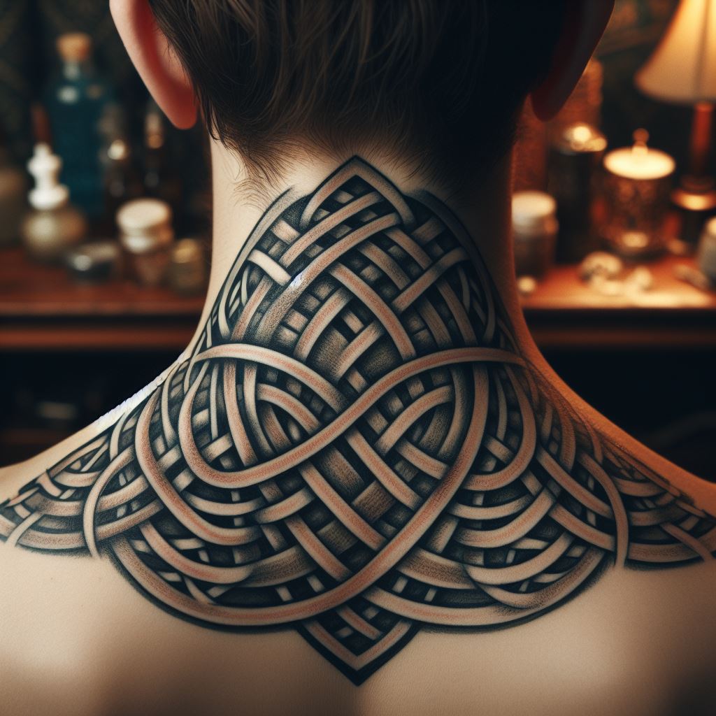 An intricate Celtic knot tattoo covering the back of the neck, featuring interwoven lines and loops, symbolizing eternity and interconnectedness.