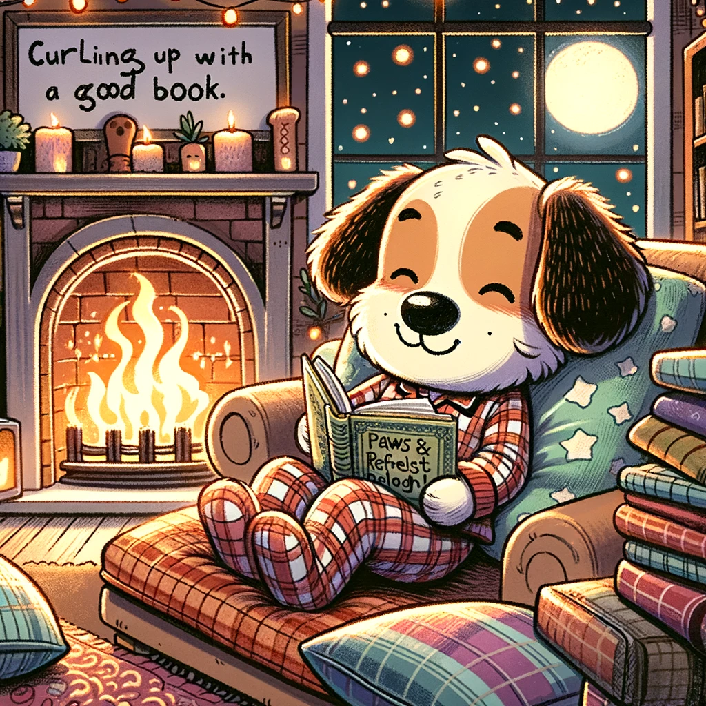 A cartoon dog in cozy pajamas, snuggled up with a book in front of a fireplace. The room is filled with warm light and comfy pillows. The caption reads: "Curling up with a good book. Paws and reflect before bedtime. Goodnight!"