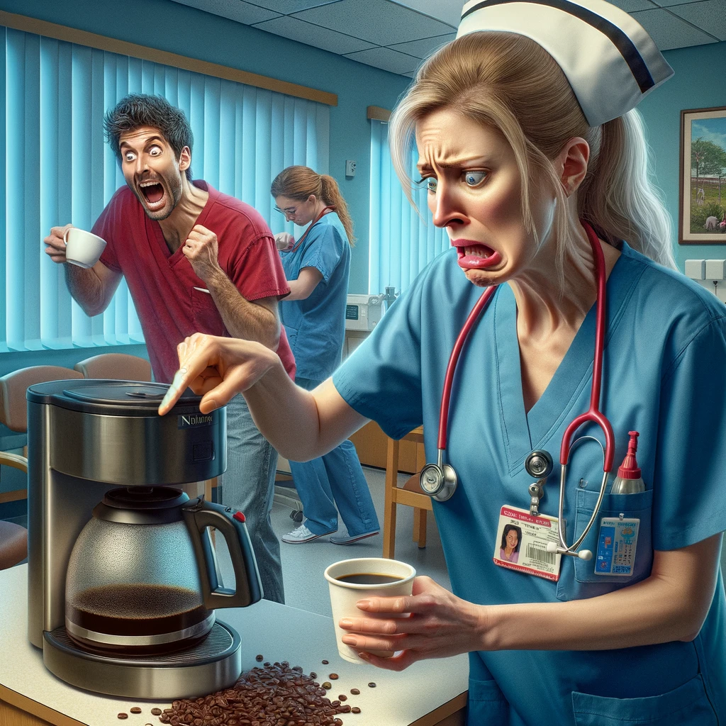 A nurse with an expression of eager anticipation turns to despair upon discovering an empty coffee pot in the hospital break room. Their face falls, showcasing a mix of disappointment and disbelief. In the background, a colleague stealthily enjoys the last cup of coffee, oblivious to the nurse's dismay. This scene captures the universal struggle over shared resources in a workplace, with a humorous twist. The caption, "The tragedy of the empty coffee pot: A tale of despair and betrayal," is prominently displayed, adding a dramatic flair to the everyday occurrence of finding the last cup of coffee gone.