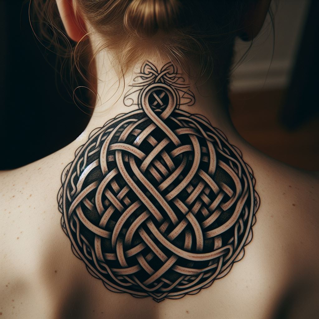 An intricate Celtic knot tattoo covering the back of the neck, featuring interwoven lines and loops, symbolizing eternity and interconnectedness.