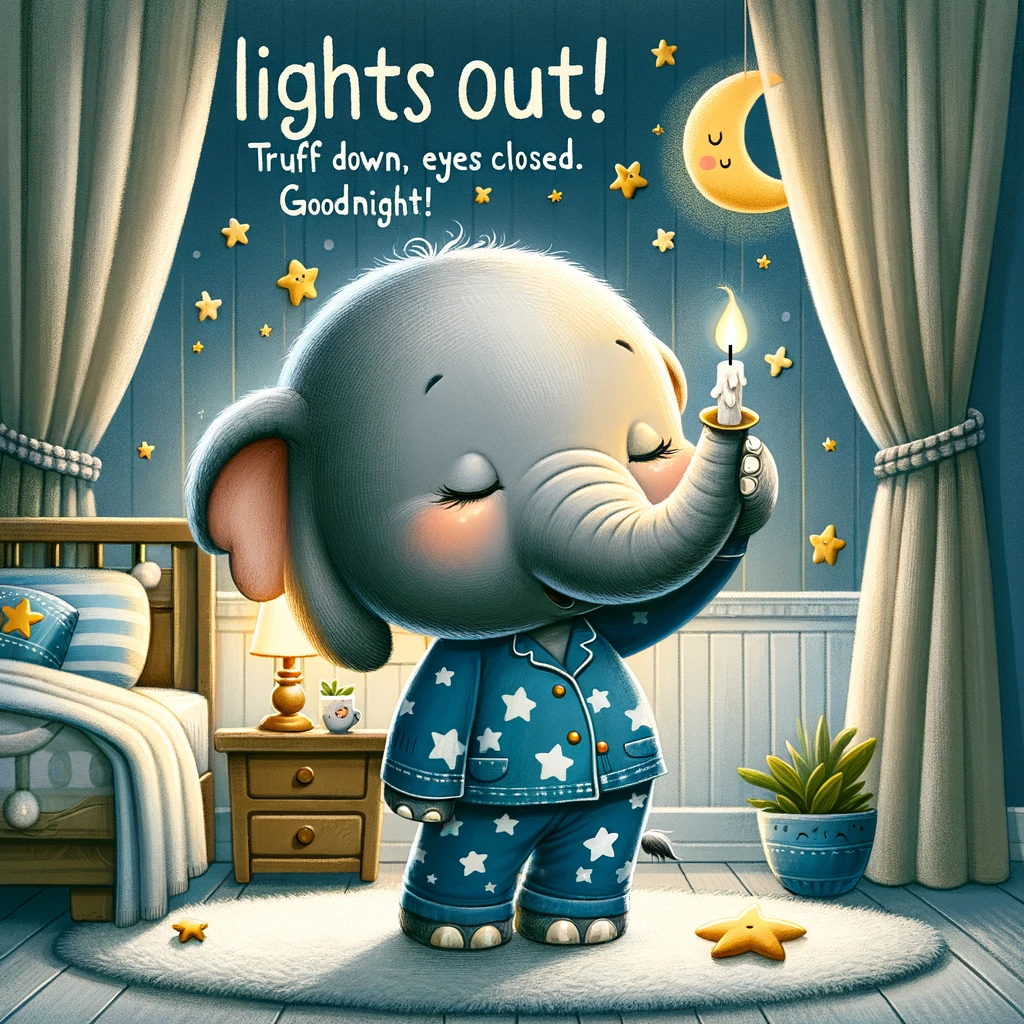 A cartoon elephant in pajamas, blowing out a candle with its trunk in a cozy bedroom setting. The walls are adorned with star and moon decorations. The caption reads: "Lights out! Trunk down, eyes closed. Goodnight!"