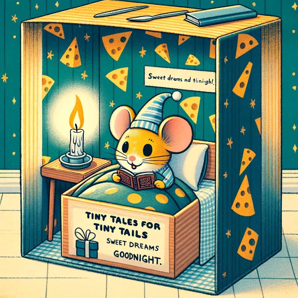 A cartoon mouse in a nightcap, tucked into a matchbox bed, reading a tiny book by candlelight. The room is a cozy nook within a wall, with cheese-patterned wallpaper. The caption reads: "Tiny tales for tiny tails. Sweet dreams and goodnight!"