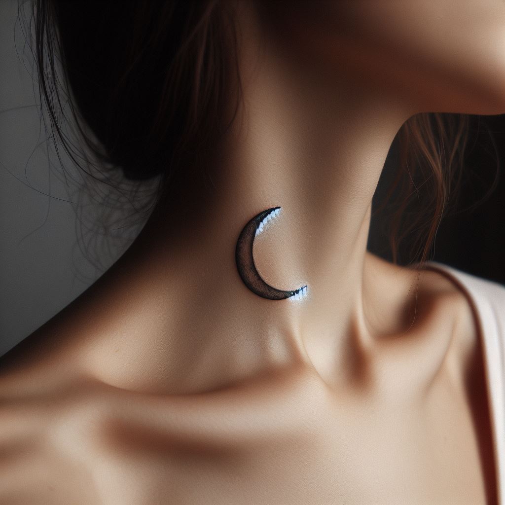 A small, minimalist tattoo of a crescent moon, positioned on the right side of the neck, representing mystery and growth.