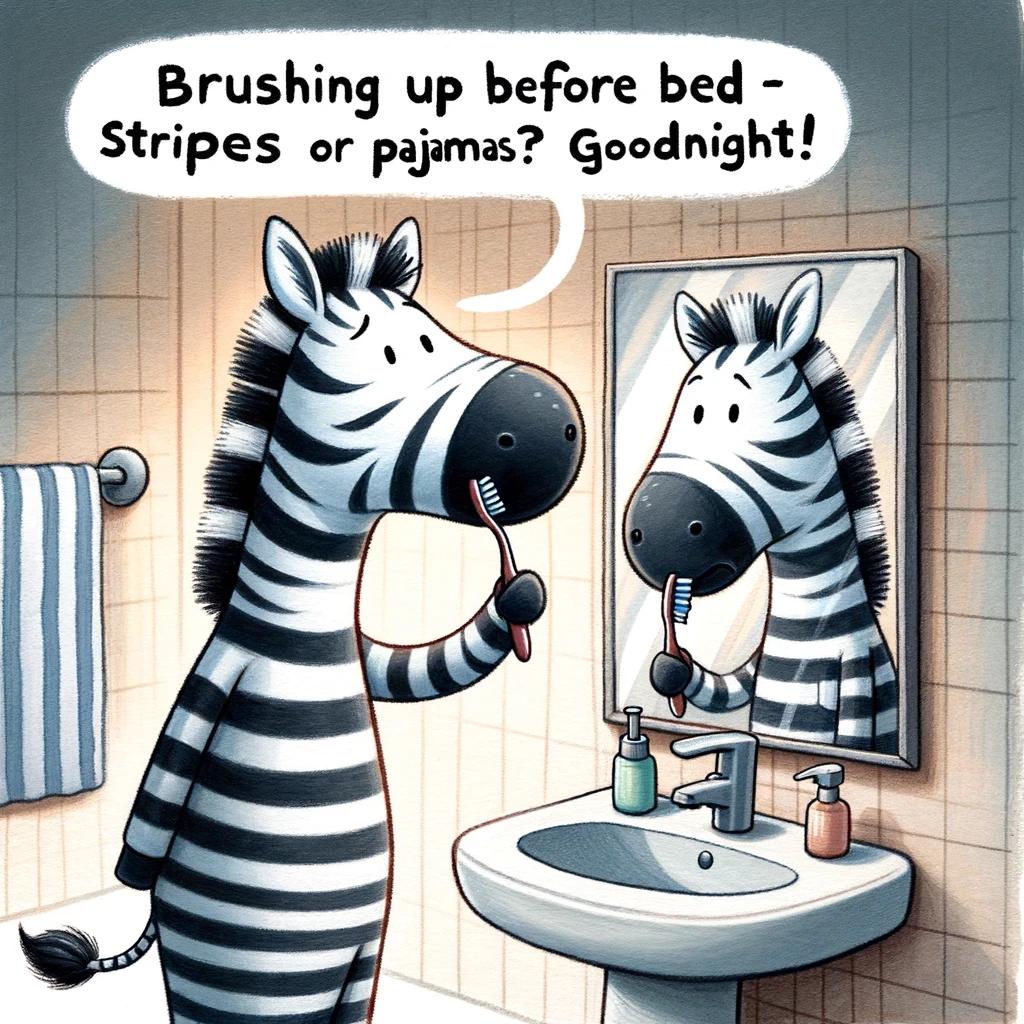A cartoon zebra in striped pajamas, brushing its teeth in front of a mirror, looking confused about where its stripes end and pajamas begin. The caption reads: "Brushing up before bed - stripes or pajamas? Goodnight!"