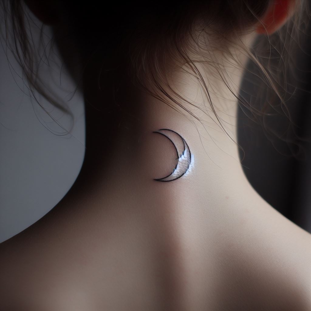 A small, minimalist tattoo of a crescent moon, positioned on the right side of the neck, representing mystery and growth.