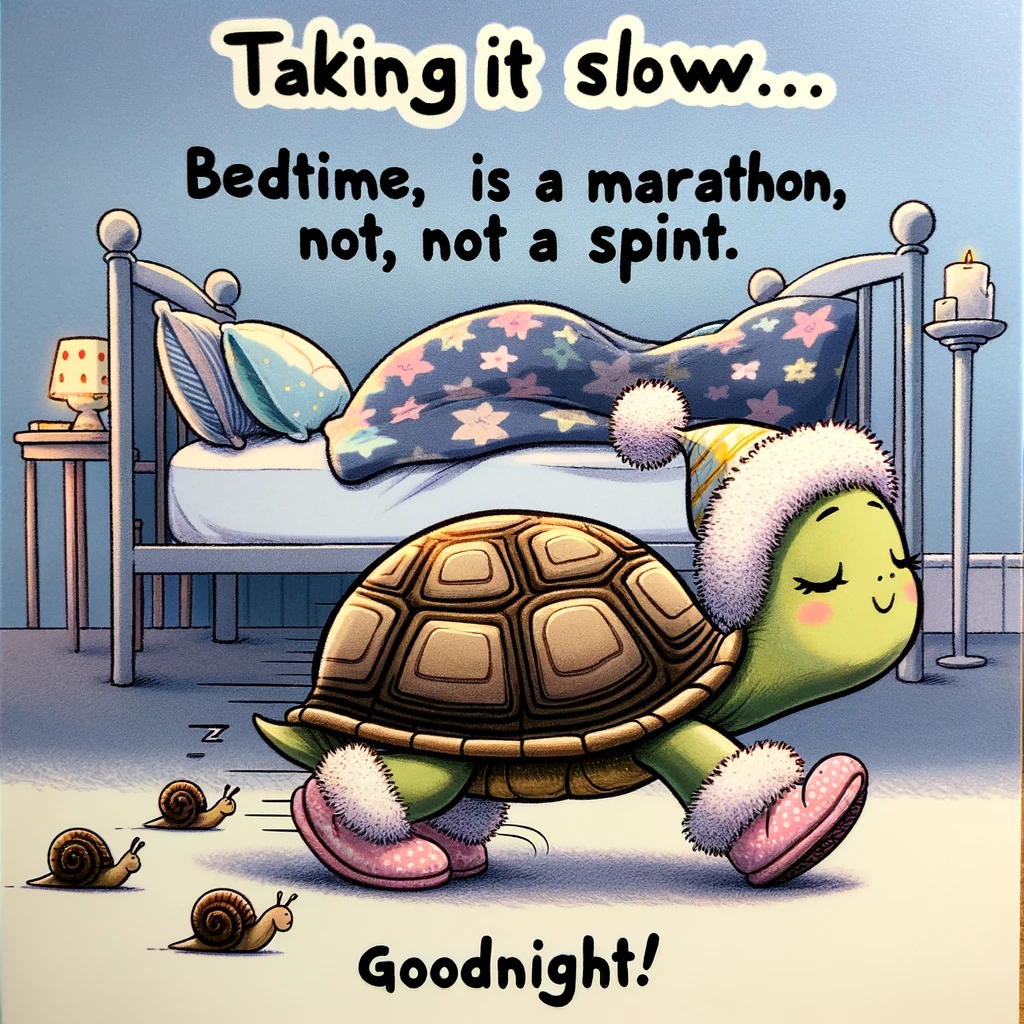 A cartoon turtle in fluffy slippers, slowly making its way to bed with a sleepy expression. The room is decorated with a snail-paced theme. The caption reads: "Taking it slow... bedtime is a marathon, not a sprint. Goodnight!"