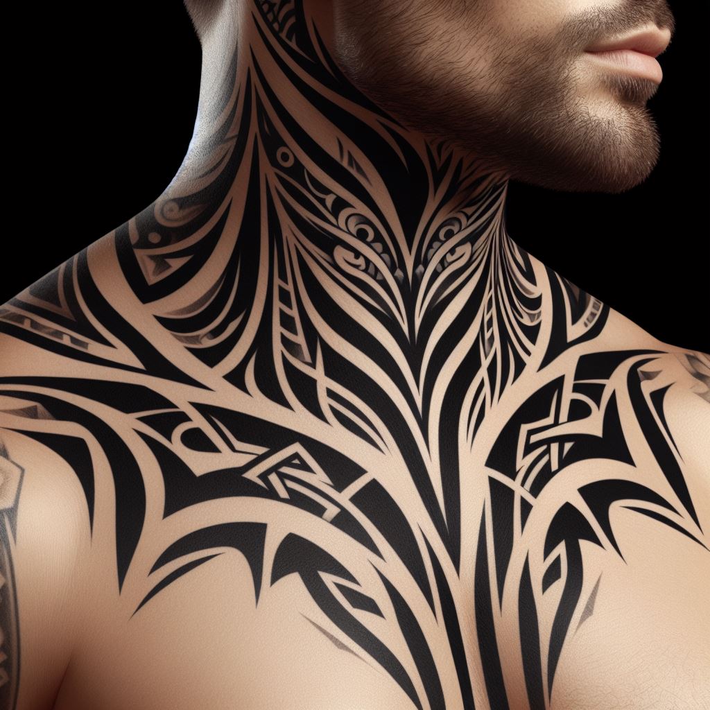 A bold tribal tattoo with sharp lines and curves, wrapping around the neck, inspired by traditional Polynesian patterns.