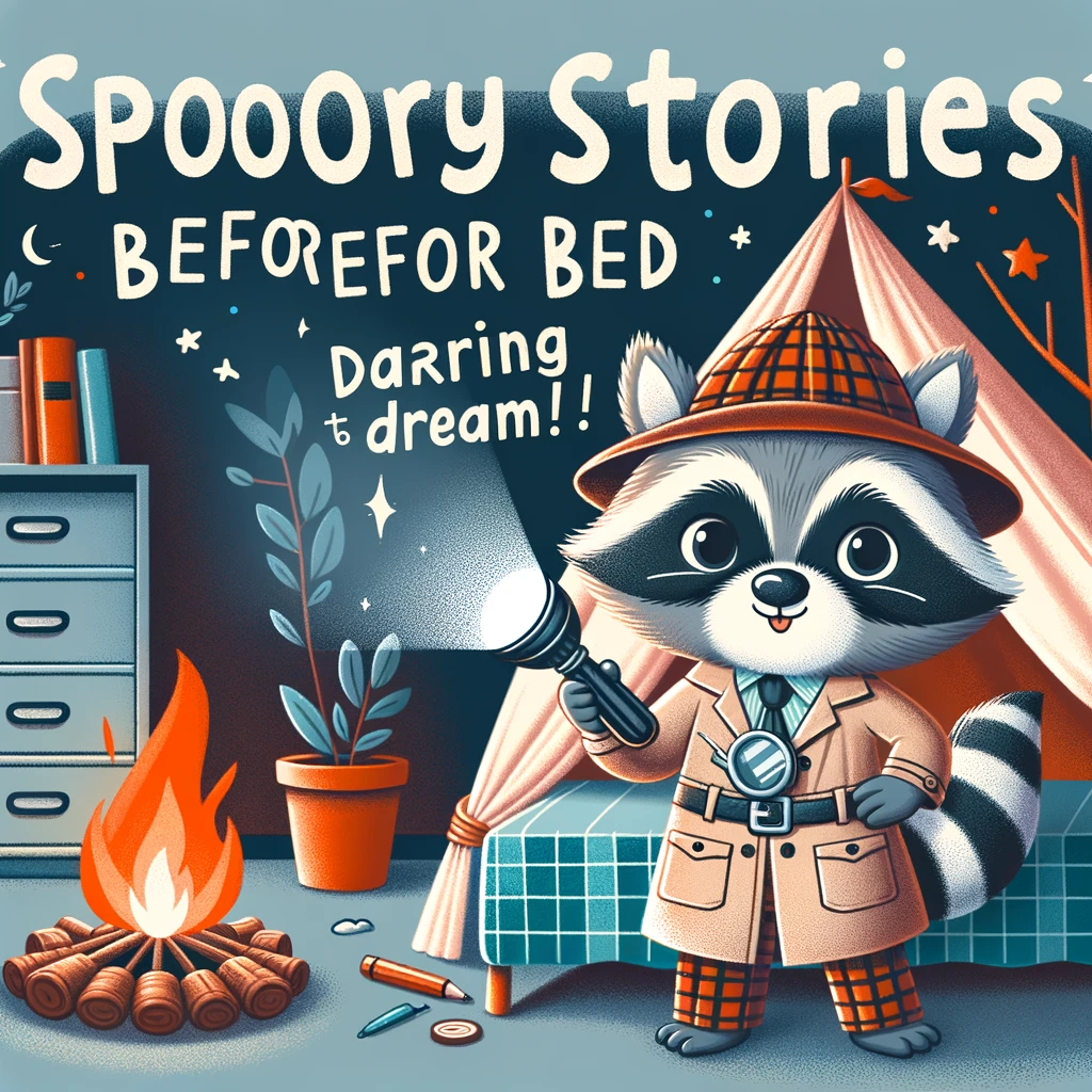 A cartoon raccoon in detective pajamas, holding a flashlight under its chin, pretending to tell spooky stories. The room has a campfire theme with tent-shaped bed. The caption reads: "Spooky stories before bed - daring to dream. Goodnight!"