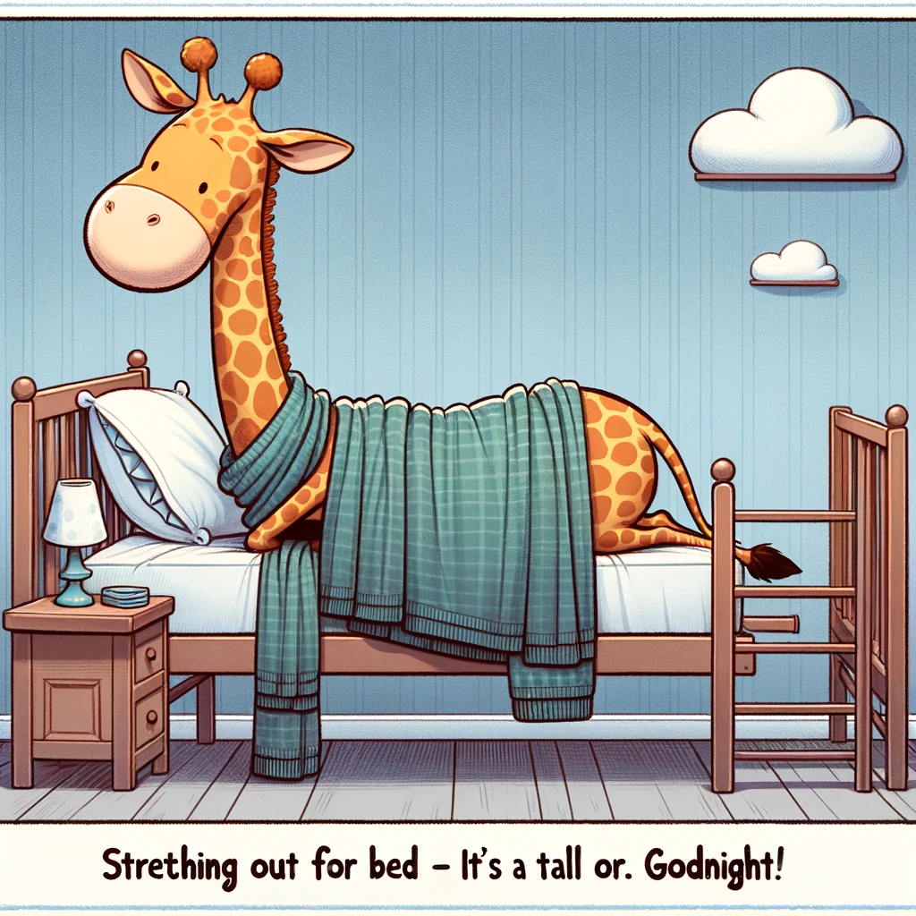 A cartoon giraffe with a long neck, wearing a night scarf, trying to fit into a small bed. The room has a high ceiling with cloud decorations. The caption reads: "Stretching out for bed - it's a tall order. Goodnight!"