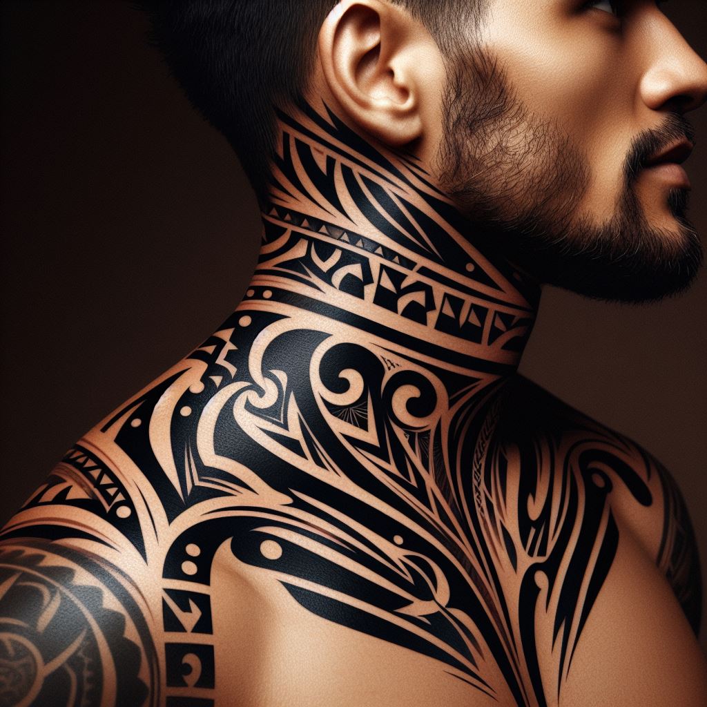 A bold tribal tattoo with sharp lines and curves, wrapping around the neck, inspired by traditional Polynesian patterns.