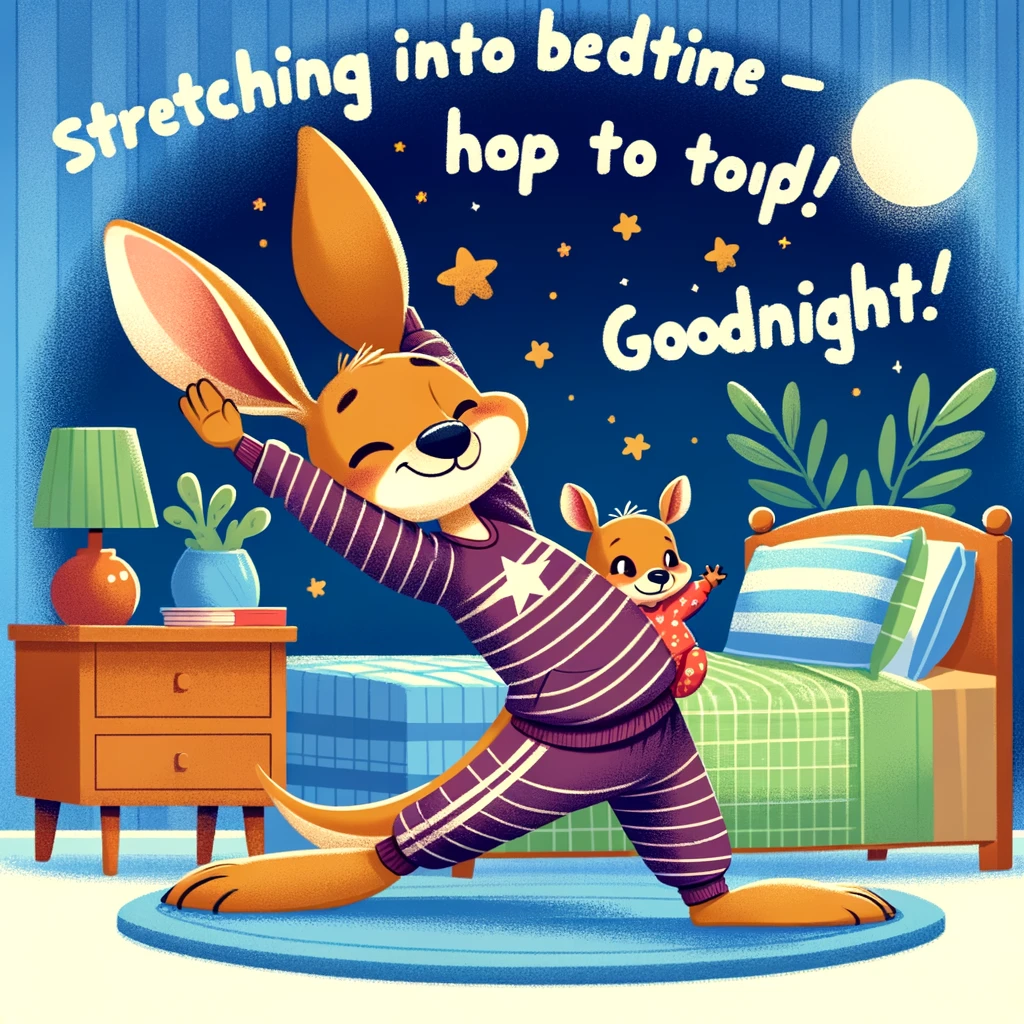 A cartoon kangaroo in sporty pajamas, doing bedtime stretches with a little joey peeking from its pouch. The bedroom has an Outback adventure theme. The caption reads: "Stretching into bedtime - hop to it! Goodnight!"